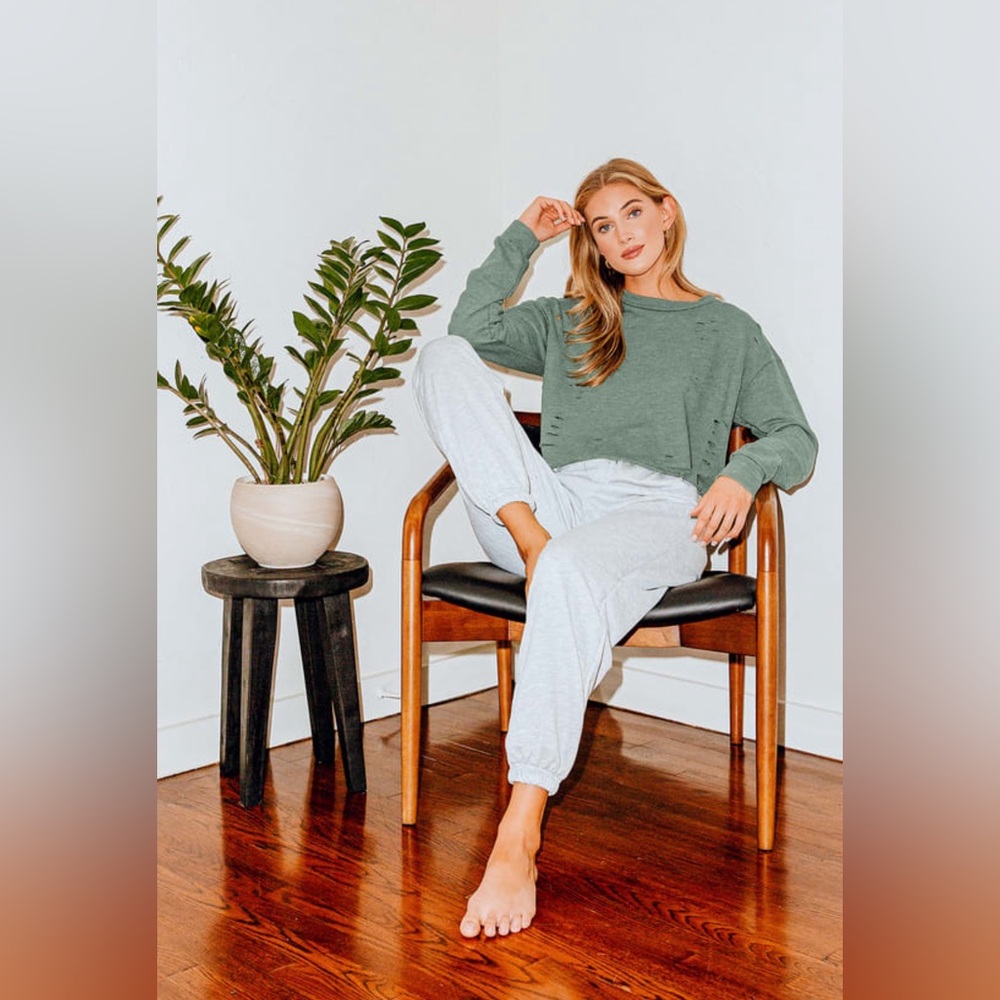 Lulu’s Times Are Changing Olive Green Distressed Cropped Sweatshirt